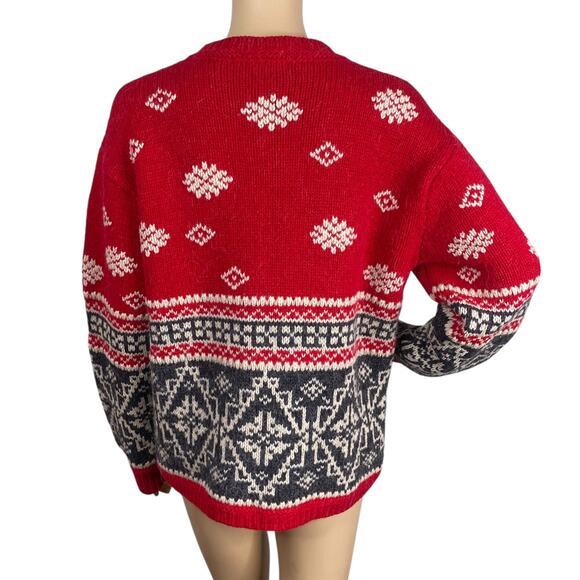 Eddie Bauer Fair Isle Nordic Ski Red Gray Wool Alpaca Cardigan SZ M - Picture 7 of 8